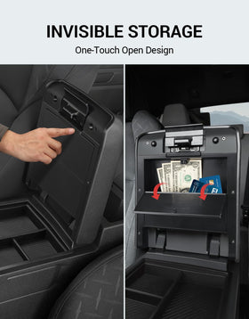 Ecarzo hidden armrest open showing concealed cash storage and privacy