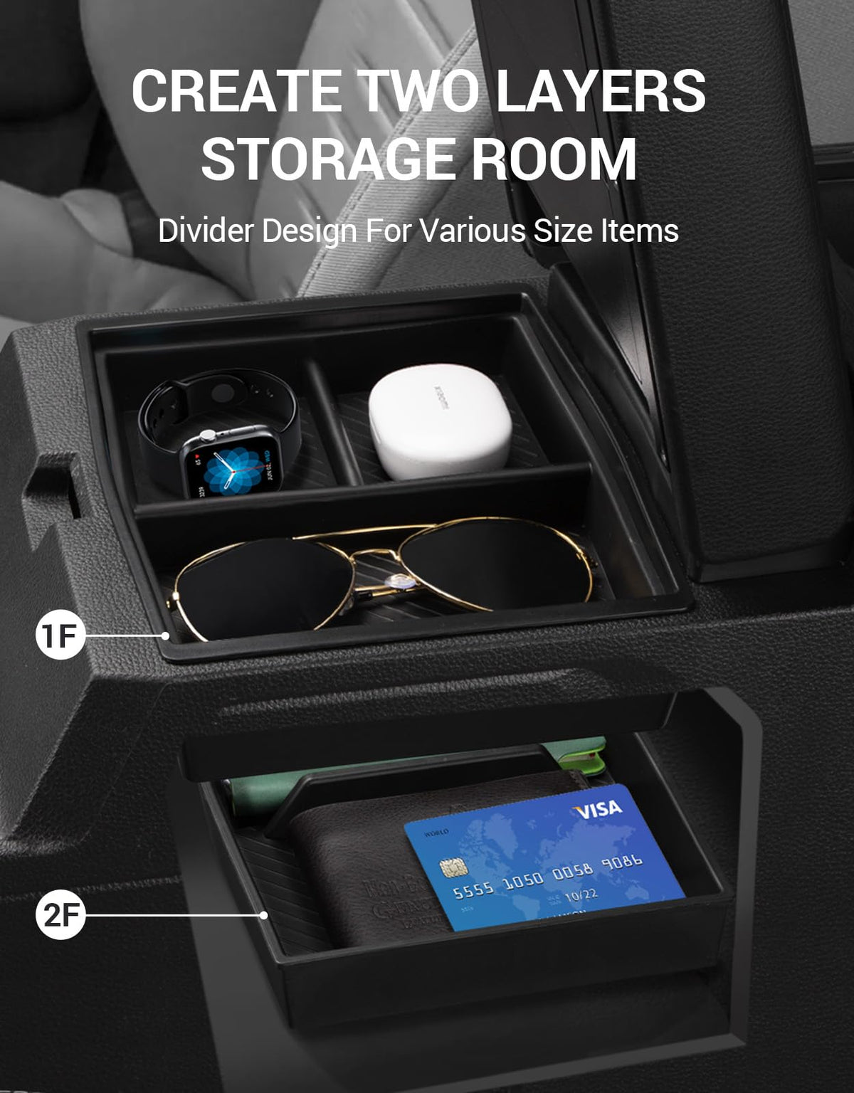 Ecarzo lower tray detail showing divided compartments and tidy storage