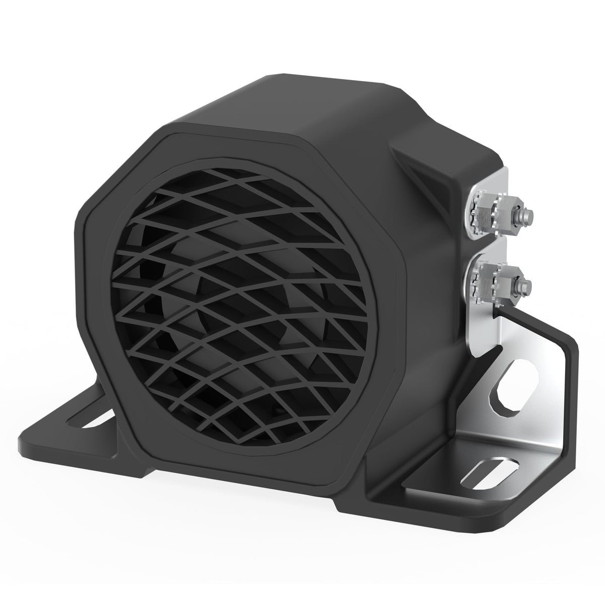 ECCO back up alarm front view showing compact black housing and clear mounting benefits