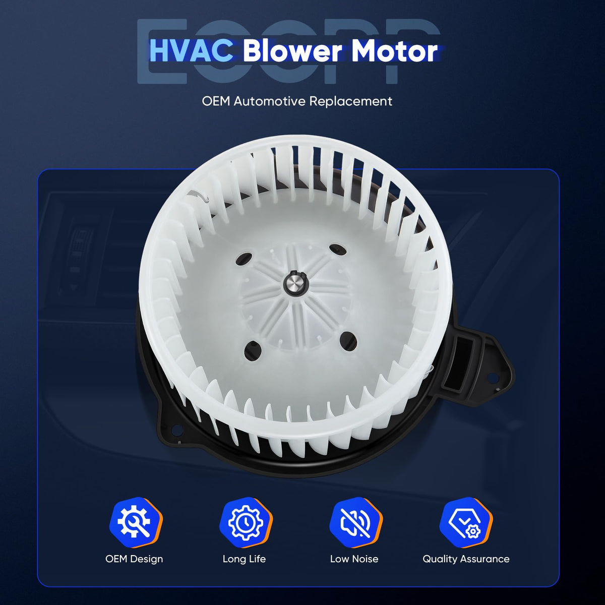 ECCPP blower motor side profile highlighting flanged mounting for secure installation