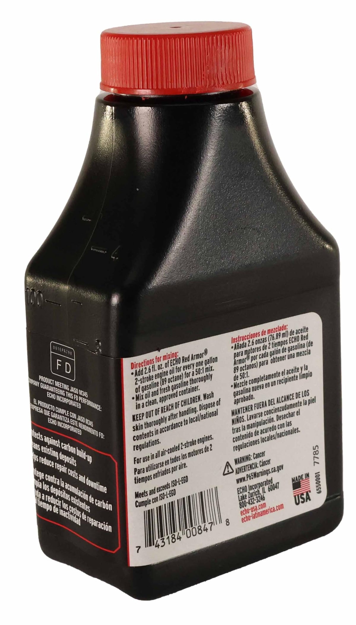 Close-up of ECHO label showing 50:1 mixing instructions and OEM part clarity benefit correct use