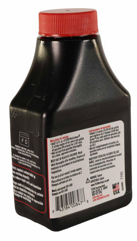 Close-up of ECHO label showing 50:1 mixing instructions and OEM part clarity benefit correct use