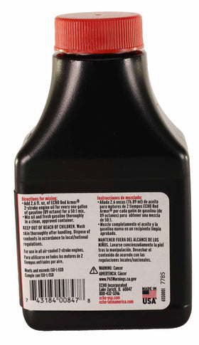 ECHO oil being added to a trimmer fuel can demonstrating proper mixing benefit engine protection