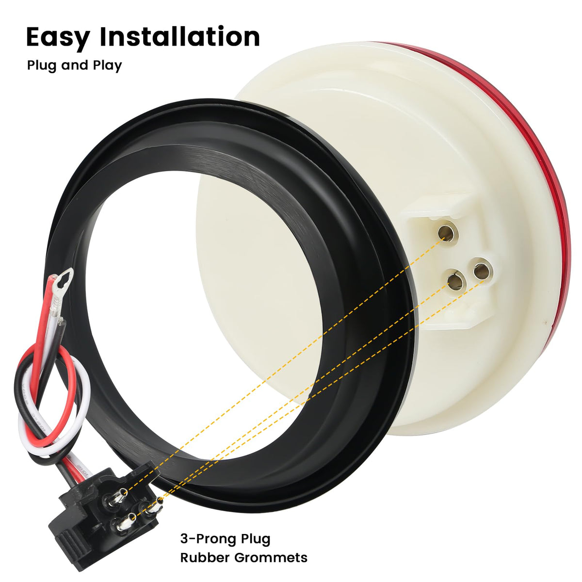 EclatLights rubber grommet and 3-prong pigtails for simple hookup