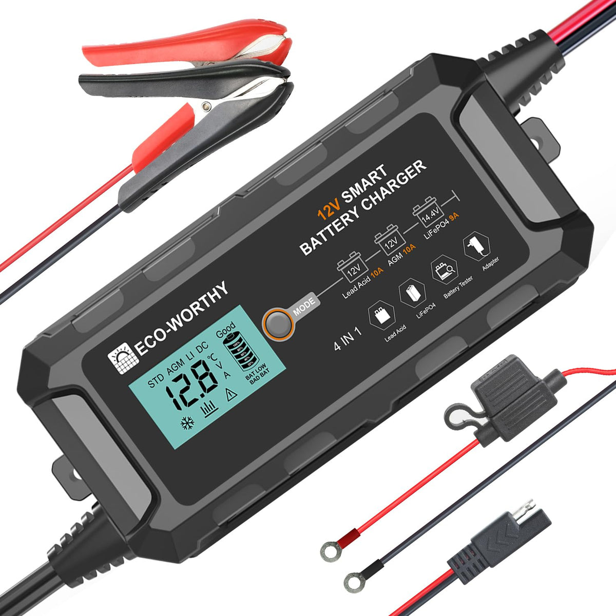 ECO-WORTHY charger front view showing controls and benefit of intuitive operation