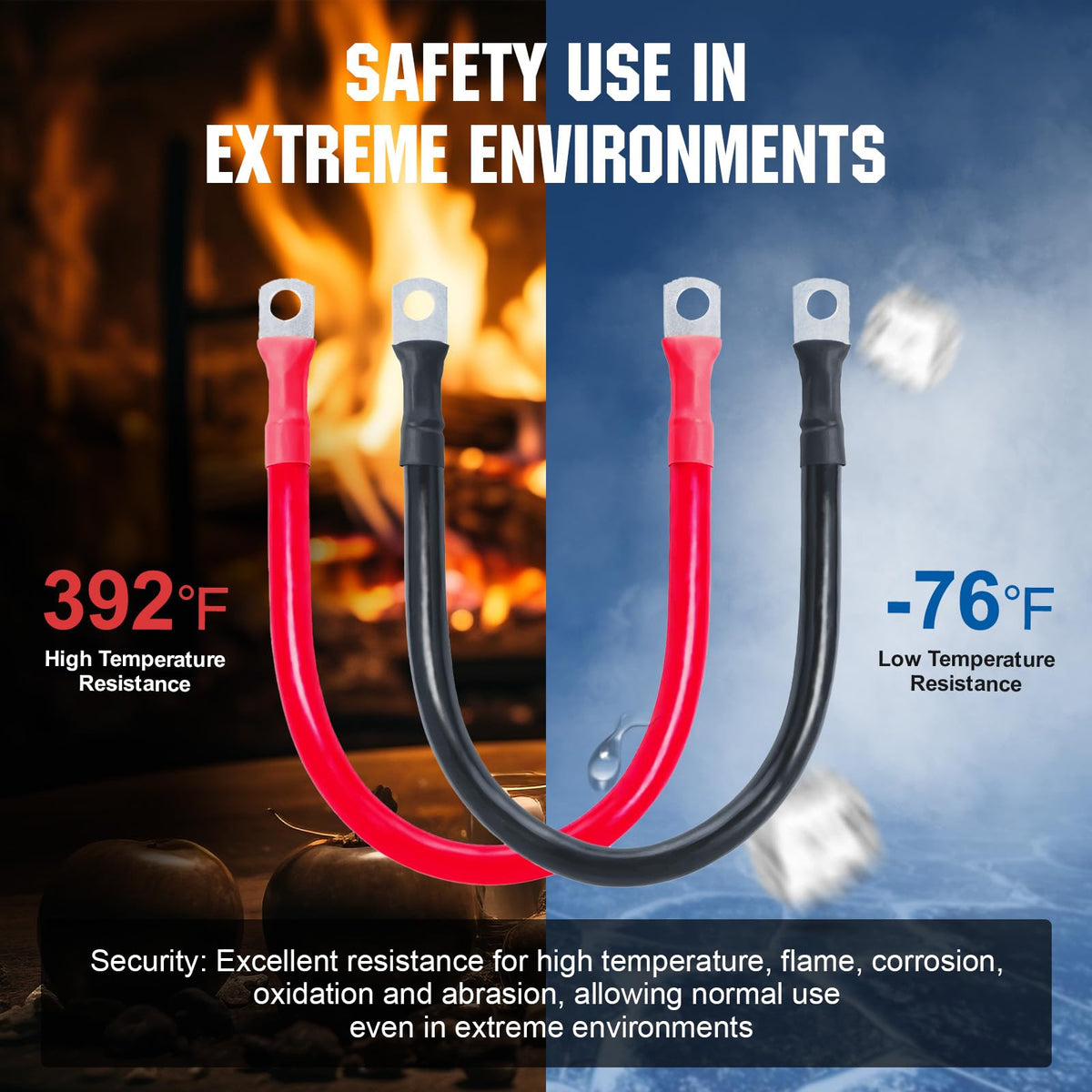 ECO-WORTHY cable labeled temperature range illustrating high-heat and cold tolerance for safety