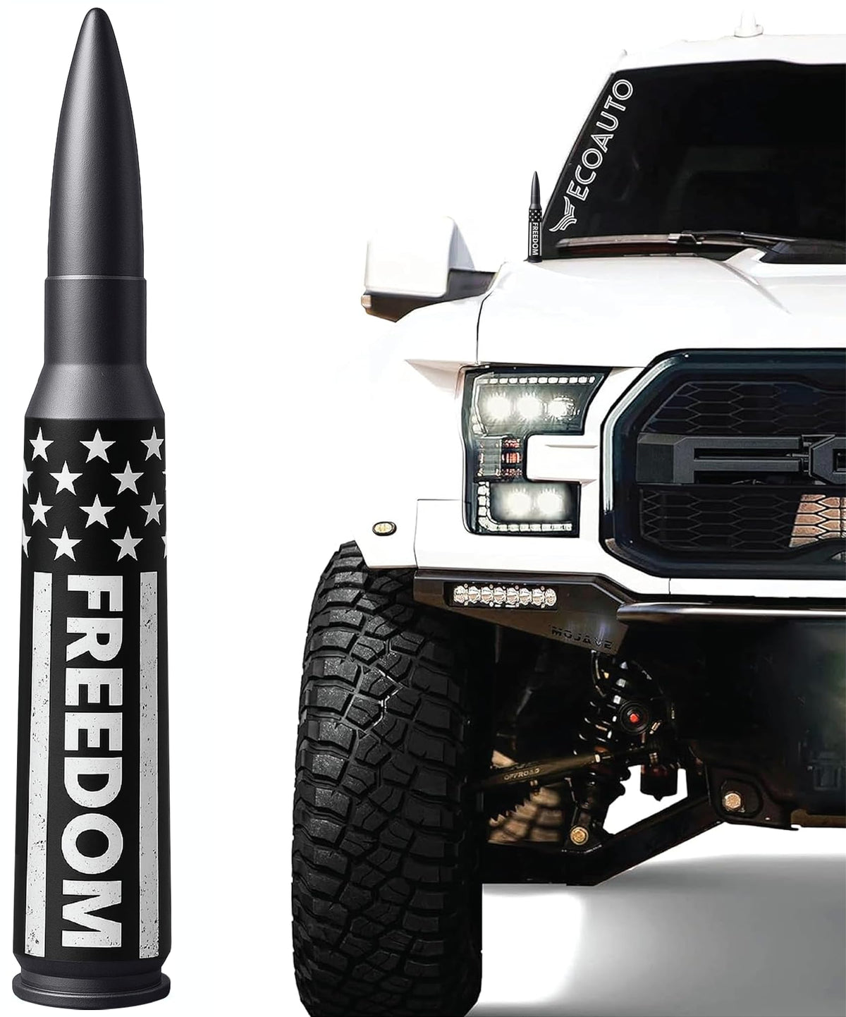 EcoAuto front view of bullet antenna topper showing rugged style and fit