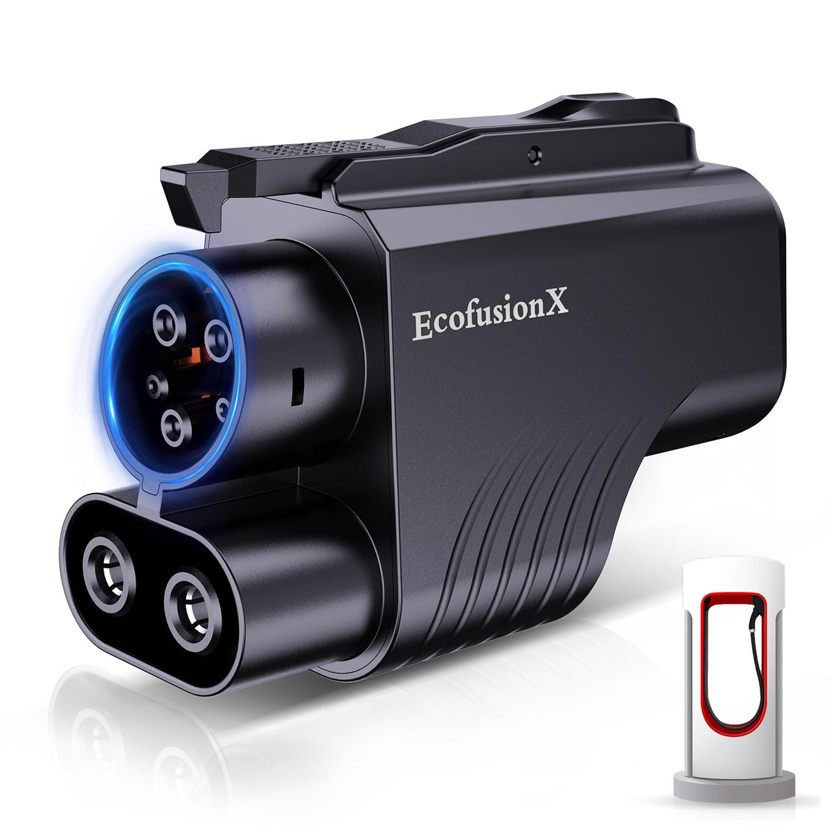 EcofusionX front view of adapter showing connectors and sturdy housing for safe fast charging