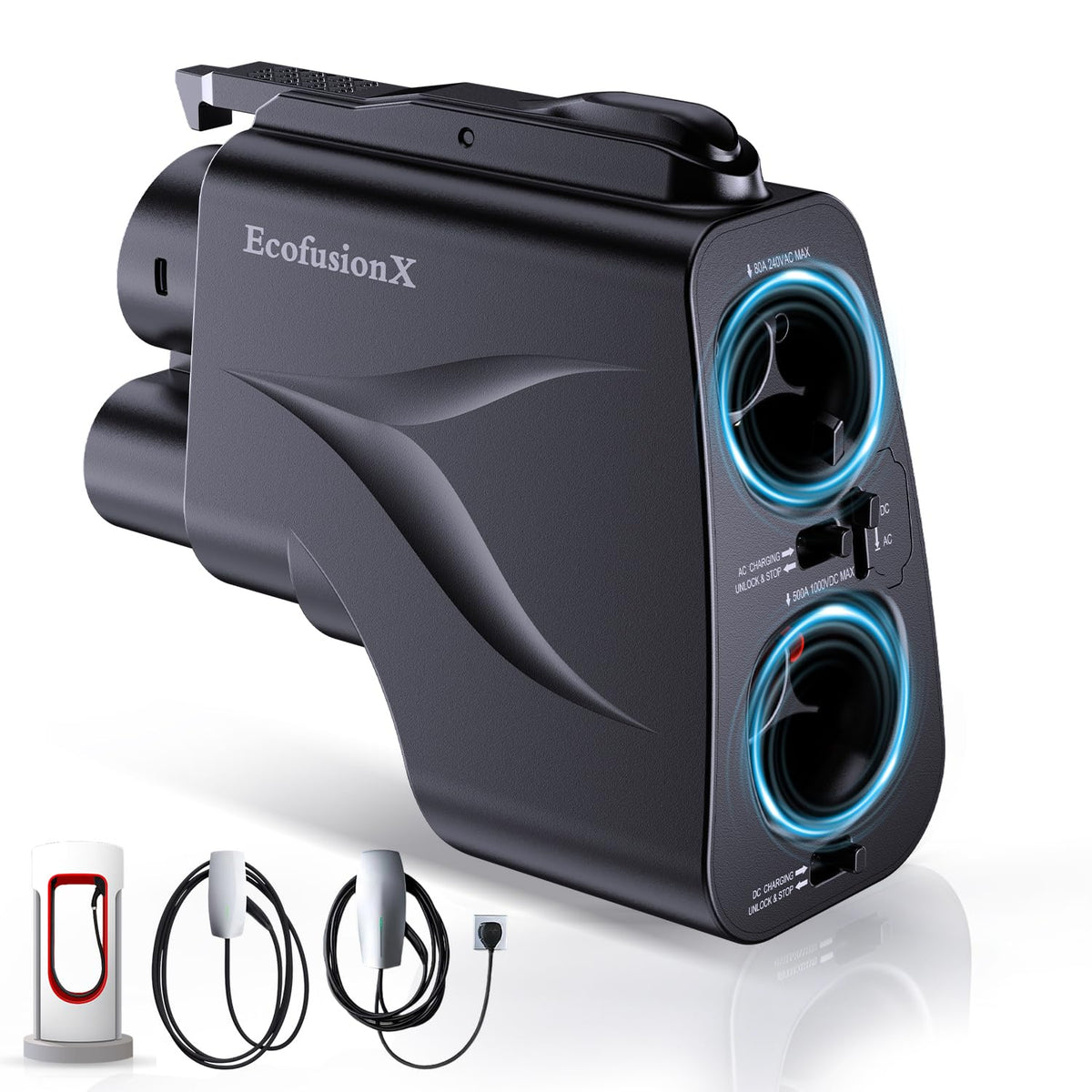 EcofusionX adapter front view showing NACS to CCS1 and J1772 ports for wider charging access