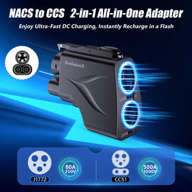 EcofusionX adapter installed on a CCS port illustrating vehicle compatibility and easy hookup