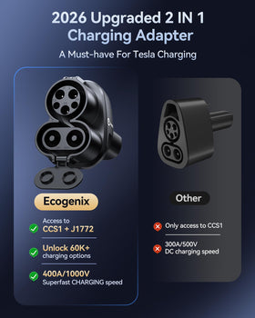 Ecogenix adapter stored in Tesla frunk illustrating convenient travel storage benefit