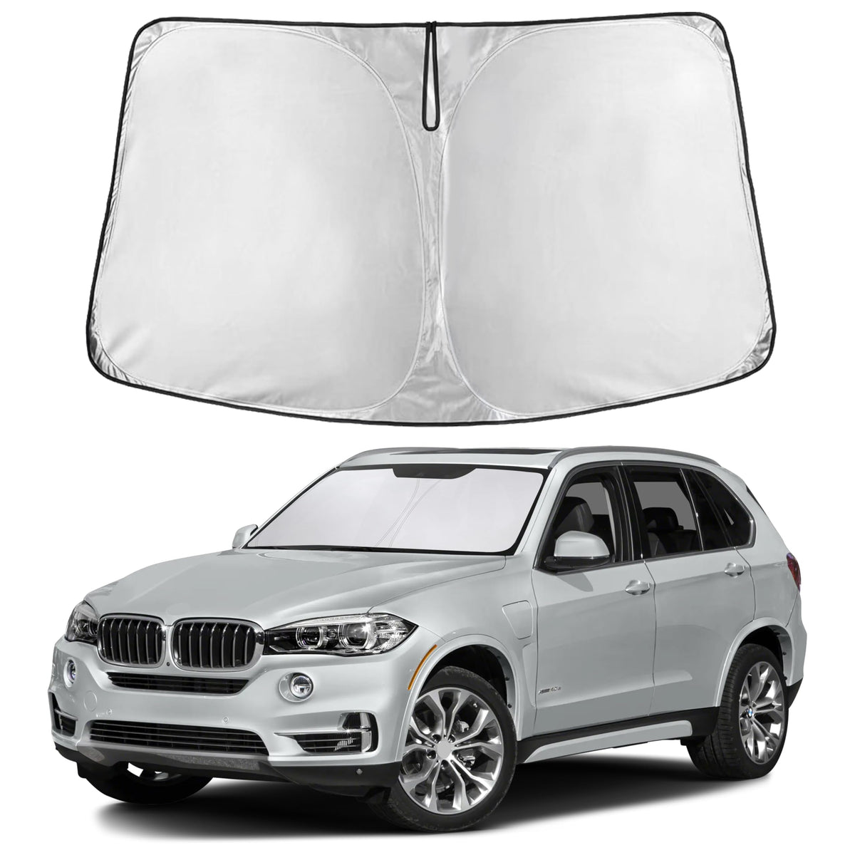 EcoNour front view of sunshade covering BMW X5 windshield, protects interior