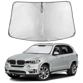 EcoNour front view of sunshade covering BMW X5 windshield, protects interior