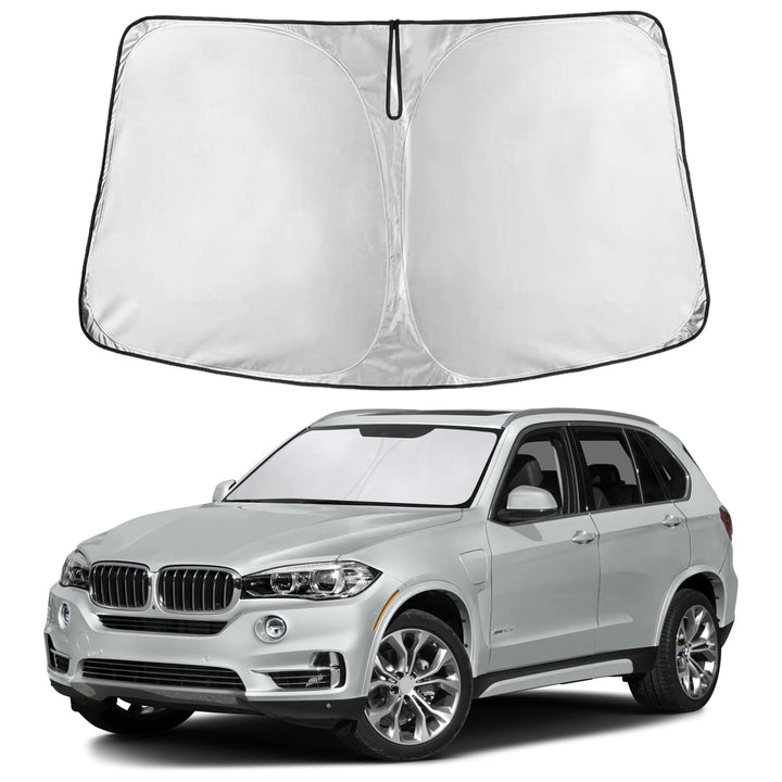 EcoNour front view of sunshade covering BMW X5 windshield, protects interior