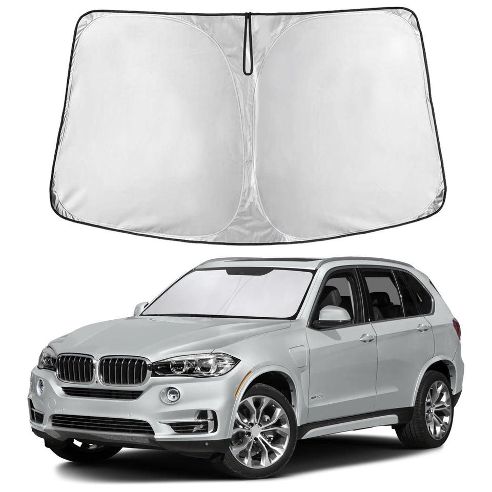 EcoNour front view of sunshade covering BMW X5 windshield, protects interior
