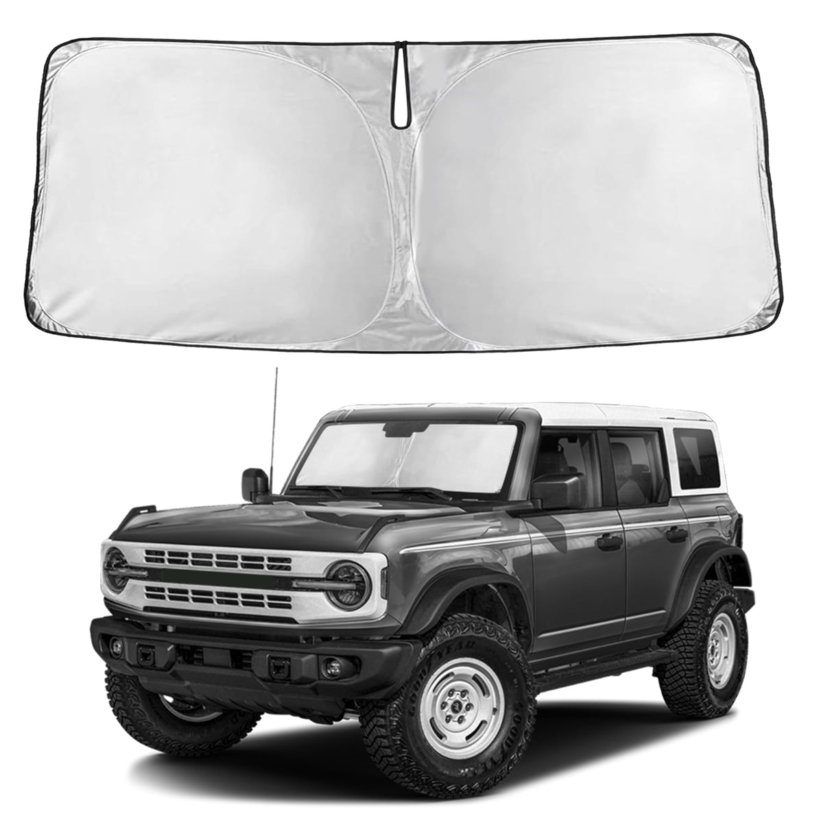 EcoNour front view of sunshade showing full windshield coverage and protection