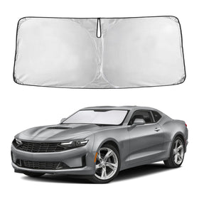EcoNour front view of sunshade on Camaro showing full windshield coverage and protection