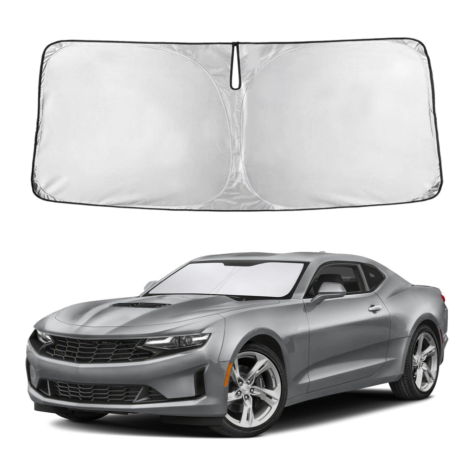 EcoNour front view of sunshade on Camaro showing full windshield coverage and protection