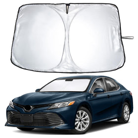 EcoNour front view of sunshade showing full windshield fit and easy install benefit