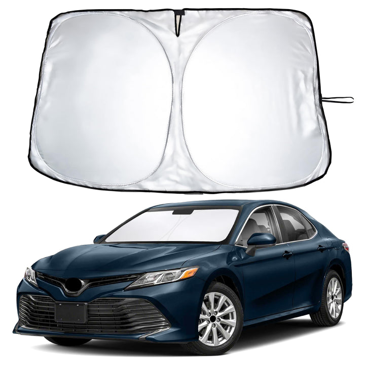 EcoNour front view of sunshade showing full windshield fit and easy install benefit