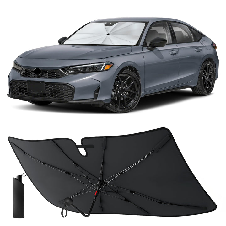 EcoNour sun shade front view installed showing full windshield coverage and cooling benefit