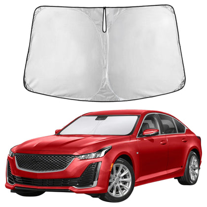EcoNour front view of CT5 sunshade showing full windshield coverage and neat fit