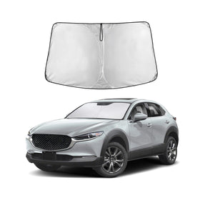 EcoNour front view of sun shade fitted to Mazda CX-30, shows full windshield coverage and cooler interior