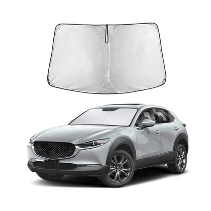 EcoNour front view of sun shade fitted to Mazda CX-30, shows full windshield coverage and cooler interior