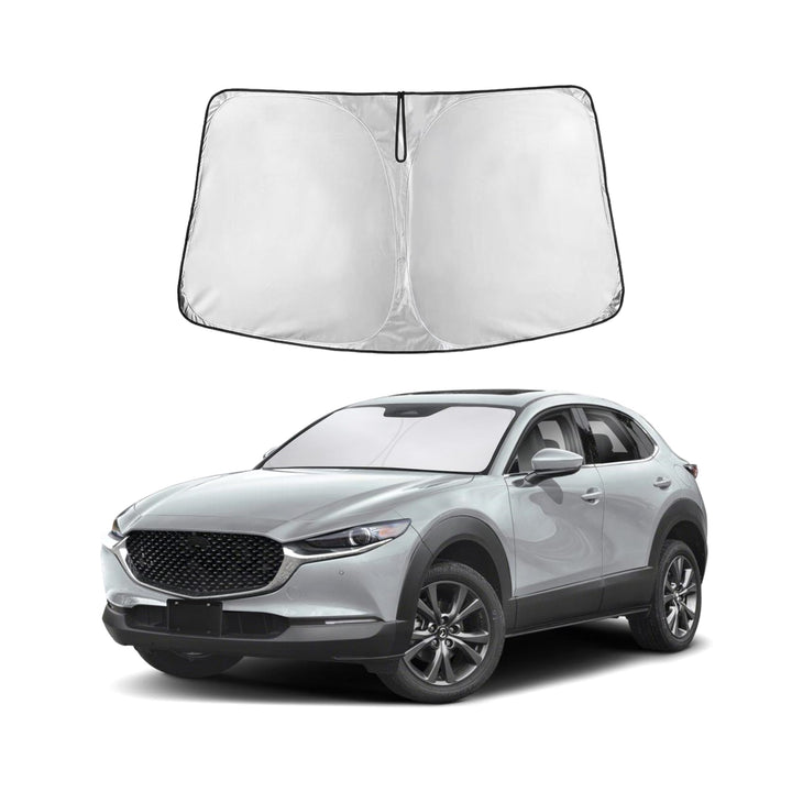 EcoNour front view of sun shade fitted to Mazda CX-30, shows full windshield coverage and cooler interior