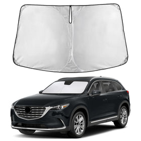 EcoNour front view of sunshade fitted to Mazda CX-9 showing full windshield coverage and cooling benefit