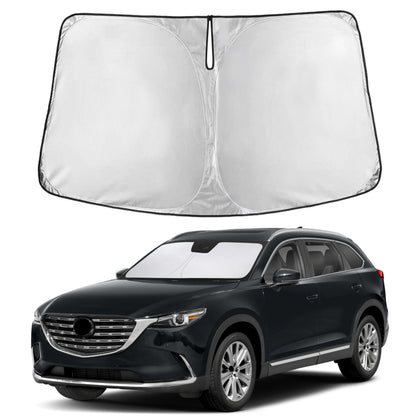 EcoNour front view of sunshade fitted to Mazda CX-9 showing full windshield coverage and cooling benefit