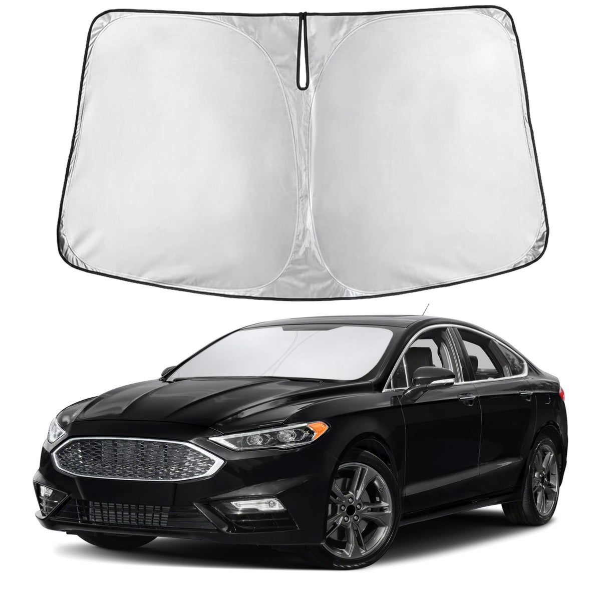EcoNour sunshade front view fitting a Ford Fusion windshield, protects dashboard