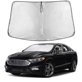 EcoNour sunshade front view fitting a Ford Fusion windshield, protects dashboard