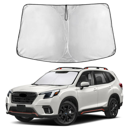 EcoNour sunshade front view installed in Forester, provides full windshield coverage