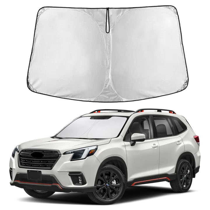 EcoNour sunshade front view installed in Forester, provides full windshield coverage