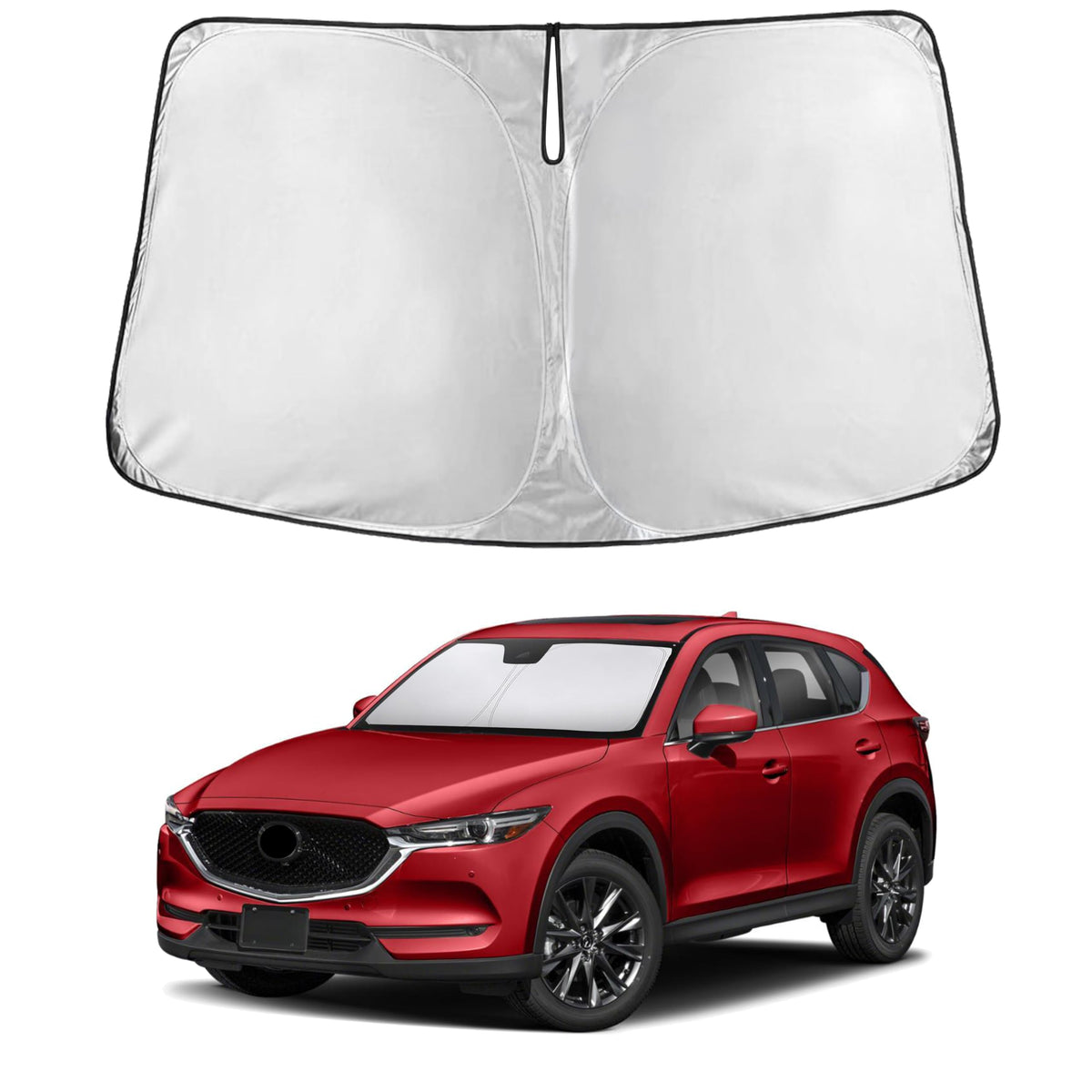 EcoNour front-fit sunshade covering Mazda CX-5 windshield offering full protection