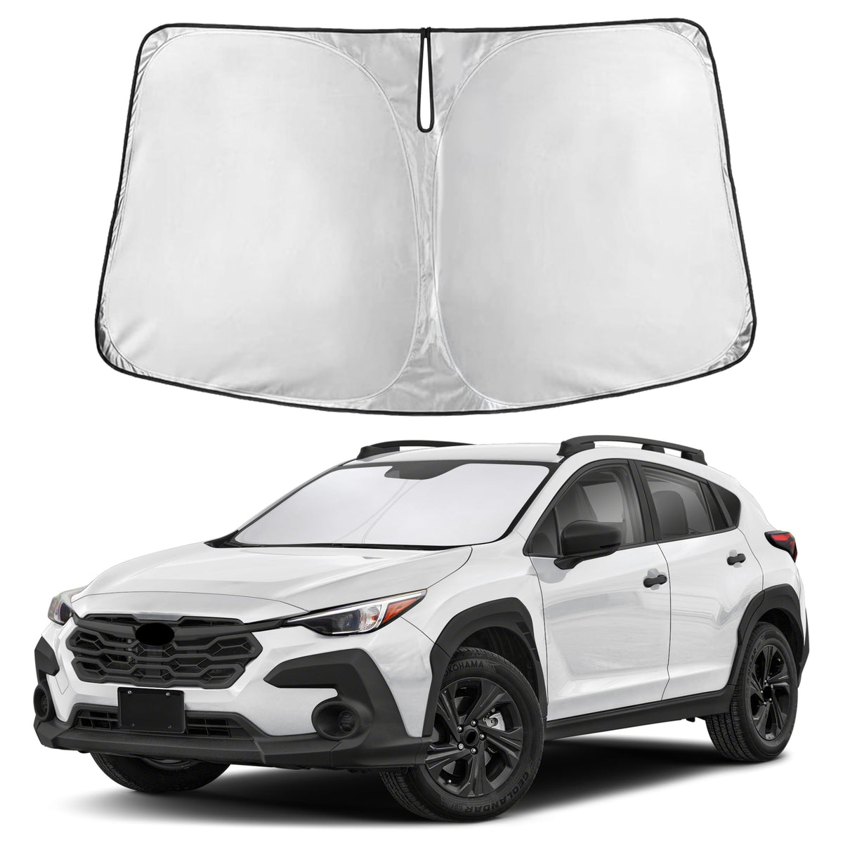 EcoNour front-fit sunshade on Crosstrek windshield showing full coverage benefit
