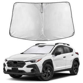 EcoNour front-fit sunshade on Crosstrek windshield showing full coverage benefit