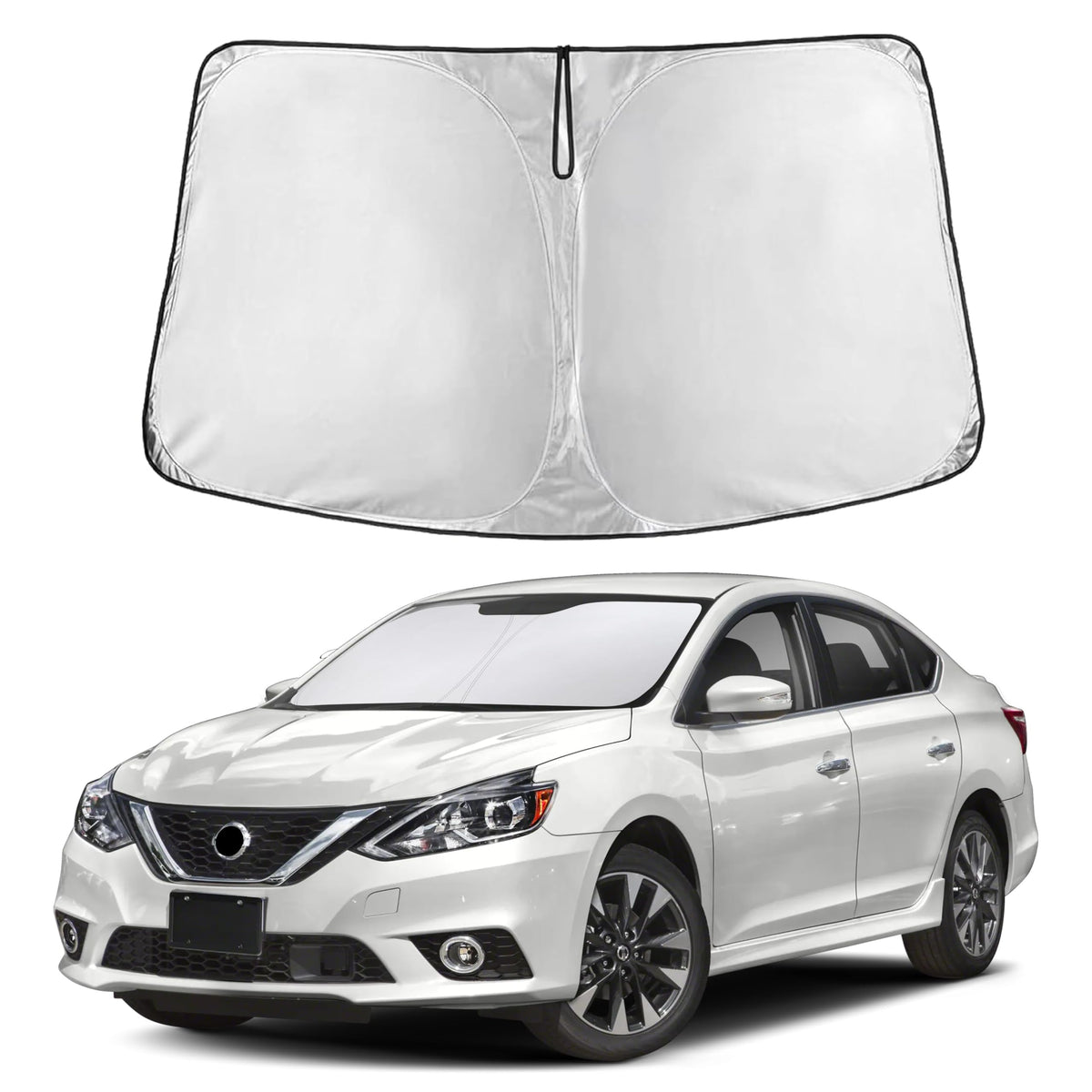 EcoNour front installed on Nissan Sentra showing full windshield coverage and cooling benefit