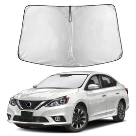 EcoNour front installed on Nissan Sentra showing full windshield coverage and cooling benefit