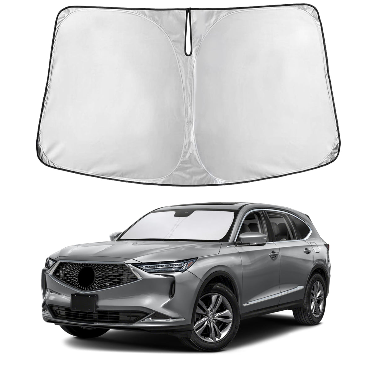 EcoNour front view of sunshade fitted for Acura MDX showing complete windshield coverage and cooling benefit