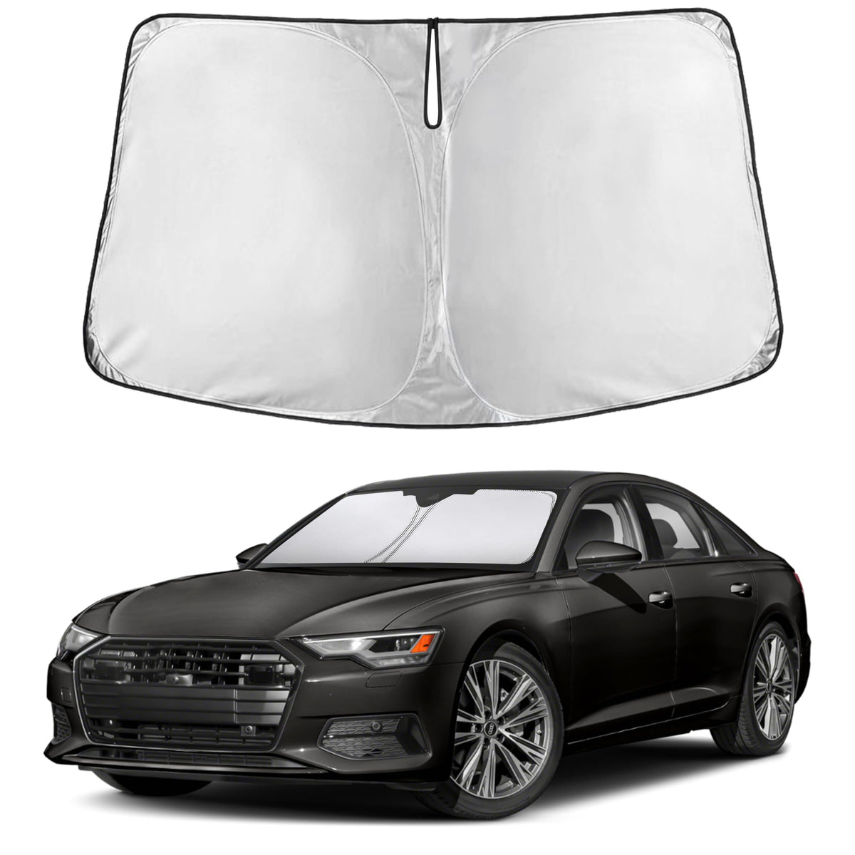 EcoNour front view of sunshade showing full windshield coverage and neat trim
