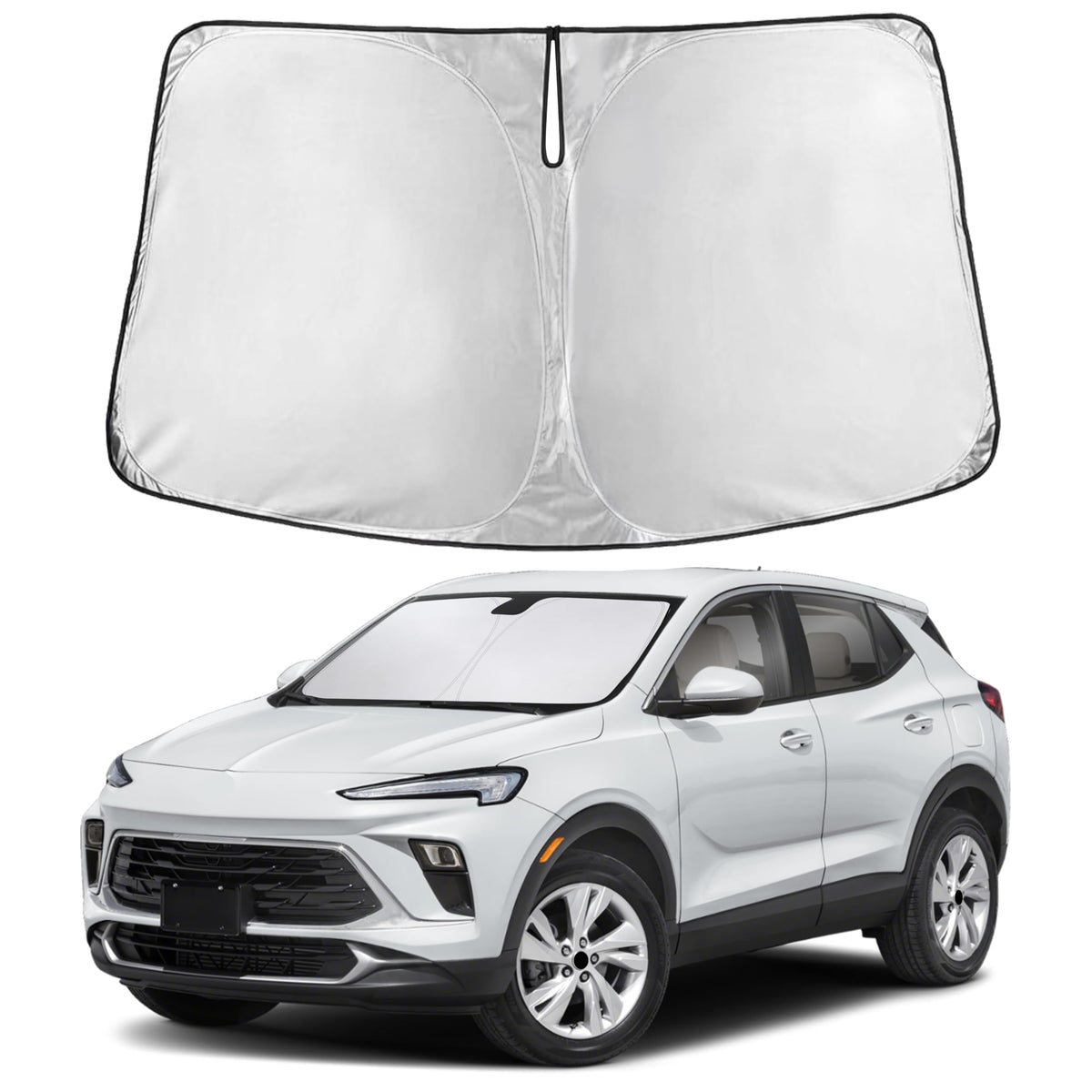 EcoNour front view of sunshade fitted for Buick Encore GX showing full windshield coverage and heat reduction