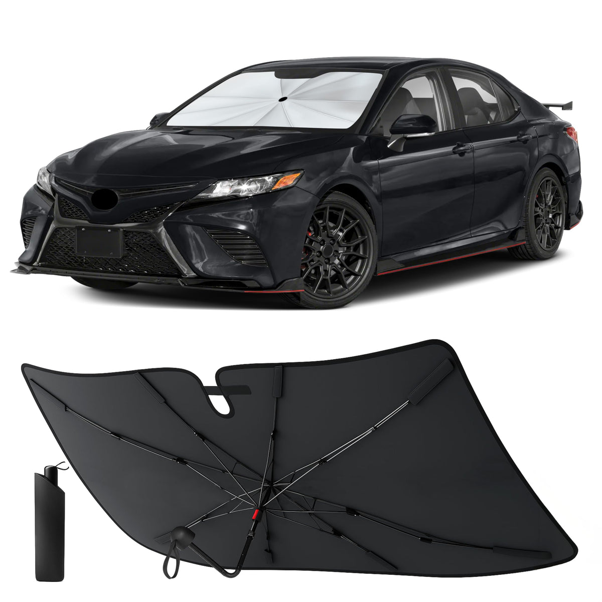 EcoNour front packaging on Camry windshield showing full coverage and quick fit benefit