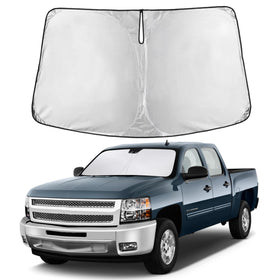 EcoNour front view of sunshade aligned to Silverado windshield, ensures full coverage