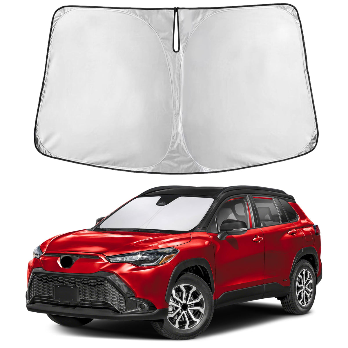 EcoNour front view showing full-fit shade on Corolla Cross windshield protecting interior
