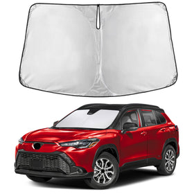 EcoNour front view showing full-fit shade on Corolla Cross windshield protecting interior