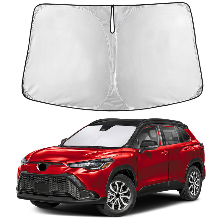 EcoNour front view showing full-fit shade on Corolla Cross windshield protecting interior