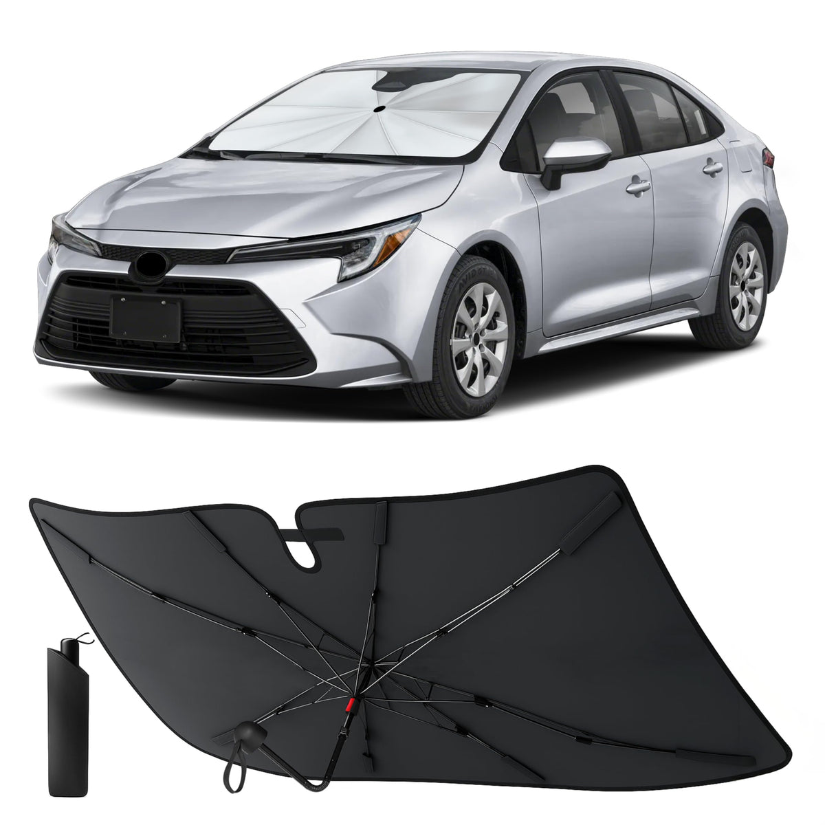 EcoNour front view of sunshade packaging showing model fit and easy setup benefit