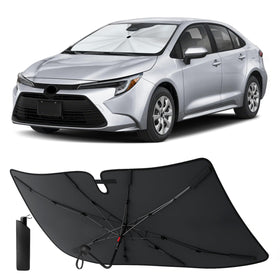 EcoNour front view of sunshade packaging showing model fit and easy setup benefit